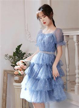 Picture of Cute Blue Layers Shiny Tulle Short Sleeves Party Dresses, Blue Homecoming Dress